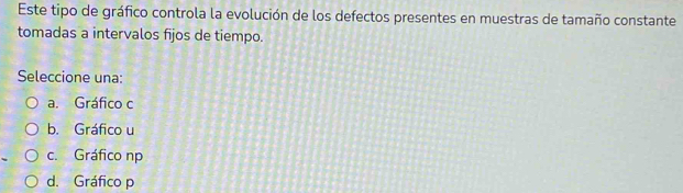 Este tipo de gráfico controla la evolución de los defectos presentes en muestras de tamaño constante
tomadas a intervalos fijos de tiempo.
Seleccione una:
a. Gráfico c
b. Gráfico u
c. Gráfico np
d. Gráfico p