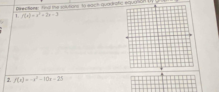 Directions: Find the solutions to each quadratic equation by glup 
1. f(x)=x^2+2x-3
2. f(x)=-x^2-10x-25