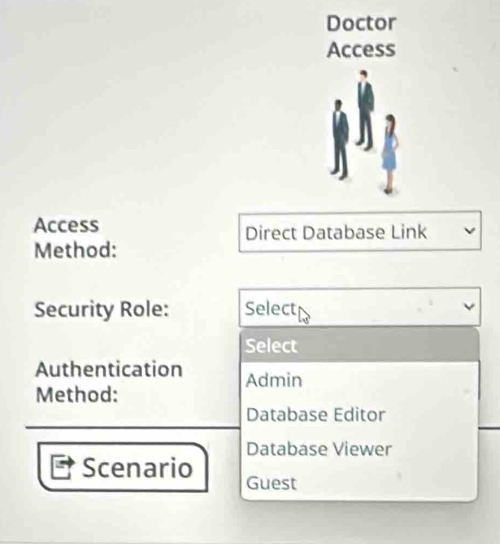 Doctor
Access
Access Direct Database Link
Method:
Security Role: Select
Select
Authentication Admin
Method:
Database Editor
Database Viewer
Scenario Guest