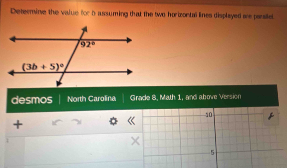 Determine the value for b assuming that the two horizontal lines displayed are parallel.
desmos North Carolina Grade 8, Math 1, and above Version
10
+
1
5