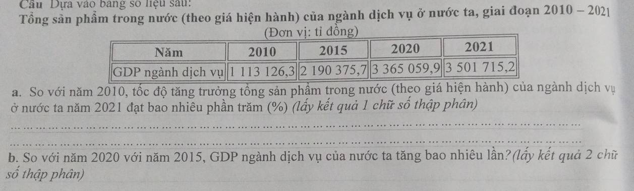 Câu Dựa vào bang số liệu sau: 
Tổng sản phẩm trong nước (theo giá hiện hành) của ngành dịch vụ ở nước ta, giai đoạn 2010 - 2021 
ng) 
a. So với năm 2010, tốc độ tăng trưởng tổng sản phẩm trong nước (theo giá hiện hành) của ngành dịch vụ 
ở nước ta năm 2021 đạt bao nhiêu phần trăm (%) (lấy kết quả 1 chữ số thập phân) 
b. So với năm 2020 với năm 2015, GDP ngành dịch vụ của nước ta tăng bao nhiêu lần?(lấy kết quả 2 chữ 
số thập phân)