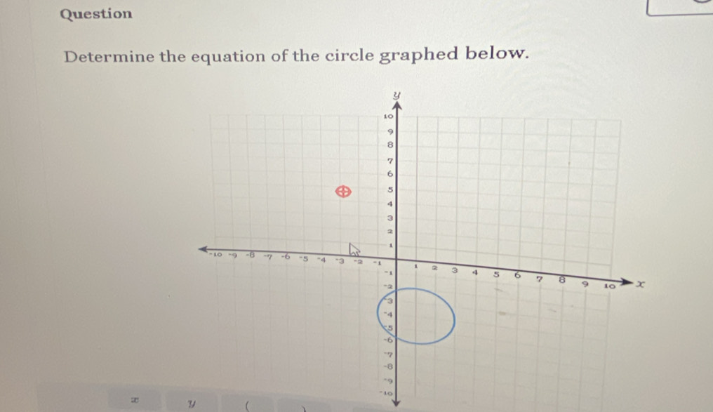 Question 
Determine the equation of the circle graphed below.
y
10
9
8
7
6
5
4
3
2
1
- 10 -9 -B -7 -6 "4 -3 "2 “ 1 - 1 2 3 4 5 6
7 8 9 10 x
-2
3
-4
5
-6
-7
-8
^ 9
-10
x Y 