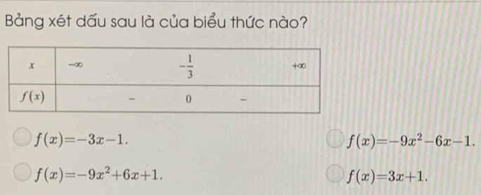 Bảng xét dấu sau là của biểu thức nào?
f(x)=-3x-1.
f(x)=-9x^2-6x-1.
f(x)=-9x^2+6x+1.
f(x)=3x+1.