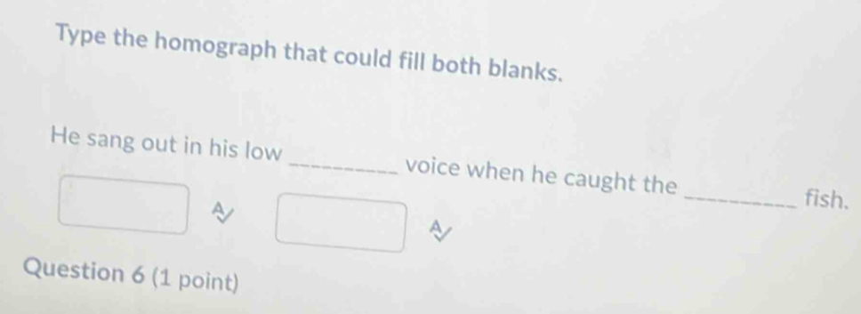 Type the homograph that could fill both blanks. 
He sang out in his low _voice when he caught the _fish. 
A 
A 
Question 6 (1 point)