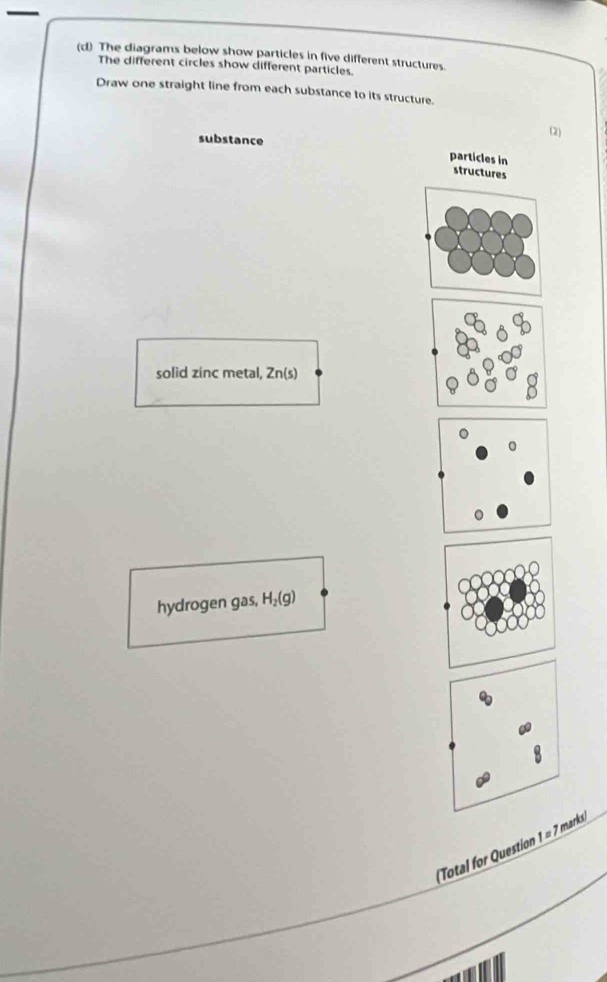 The diagrams below show particles in five different structures. 
The different circles show different particles. 
Draw one straight line from each substance to its structure. 
substance 
(2) 
particles in 
solid zinc metal, Zn(s)
hydrogen gas, H_2(g)
(Total for Question 1=7 marks)