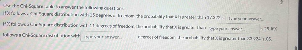 Use the Chi-Square table to answer the following questions. 
If X follows a Chi-Square distribution with 15 degrees of freedom, the probability that X is greater than 17.322 is type your answer... 
If X follows a Chi-Square distribution with 11 degrees of freedom, the probability that X is greater than type your answer... is . 25. If X
follows a Chi-Square distribution with type your answer... degrees of freedom, the probability that X is greater than 33.924 is . 05.