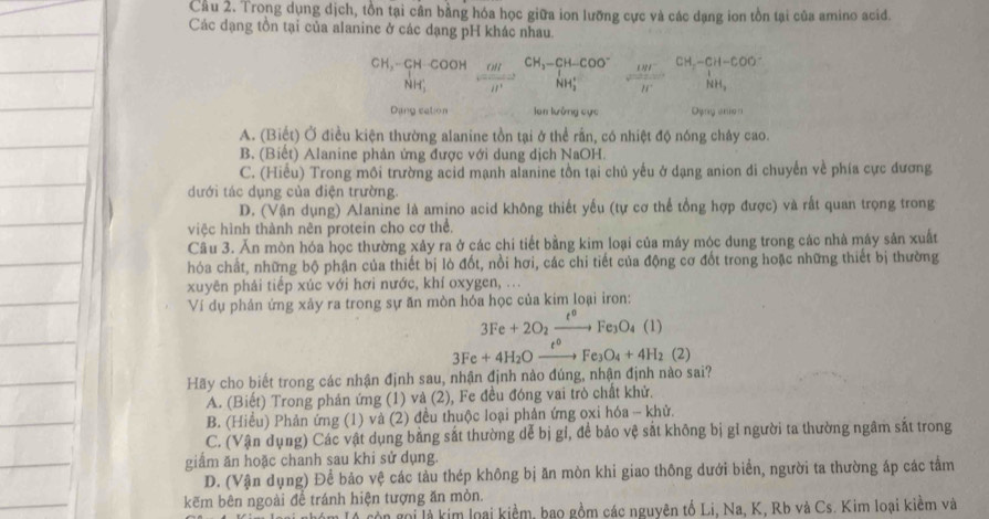 Cầu 2. Trong dụng dịch, tồn tại cân bằng hóa học giữa ion lưỡng cực và các dạng ion tồn tại của amino acid.
Các dạng tồn tại của alanine ở các dạng pH khác nhau.
CH,-CH COOH C1 I_2-CH-COO  181°/w  CH_2-CH-COO^-
NH, NH; NH.
Dang cation lan lưởng cực Oyng ano n
A. (Biết) Ở điều kiện thường alanine tồn tại ở thể rằn, có nhiệt độ nóng chảy cao.
B. (Biết) Alanine phản ứng được với dung dịch NaOH.
C. (Hiểu) Trong môi trường acid mạnh alanine tồn tại chủ yếu ở dạng anion di chuyển về phía cực dương
dưới tác dụng của điện trường.
D. (Vận dụng) Alanine là amino acid không thiết yếu (tự cơ thể tổng hợp được) và rất quan trọng trong
việc hình thành nên protein cho cơ thể.
Câu 3. Ăn mòn hóa học thường xây ra ở các chi tiết bằng kim loại của máy móc dung trong các nhà mây sản xuất
hóa chất, những bộ phận của thiết bị lò đốt, nổi hơi, các chi tiết của động cơ đốt trong hoặc những thiết bị thường
xuyên phải tiếp xúc với hơi nước, khí oxygen, ...
Ví dụ phản ứng xảy ra trong sự ăn mòn hóa học của kim loại iron:
3Fe+2O_2xrightarrow e to endarray Fe_3O_4(l)
3Fe+4H_2Oxrightarrow t^0Fe_3O_4+4H_2(2)
Hãy cho biết trong các nhận định sau, nhận định nào đúng, nhận định nào sai?
A. (Biết) Trong phán ứng (1) và (2), Fe đều đóng vai trò chất khử.
B. (Hiểu) Phản ứng (1) và (2) đều thuộc loại phản ứng oxi hóa -- khử.
C. (Vận dụng) Các vật dụng bằng sắt thường dễ bị gỉ, đề bảo vệ sắt không bị gỉ người ta thường ngâm sắt trong
giâm ăn hoặc chanh sau khi sử dụng.
D. (Vận dụng) Để bảo vệ các tàu thép không bị ăn mòn khi giao thông dưới biển, người ta thường áp các tắm
kẽm bên ngoài để tránh hiện tượng ăn mòn.
còn gọi là kim loại kiểm, bạo gồm các nguyên tổ Li, Na, K, Rb và Cs. Kim loại kiềm và