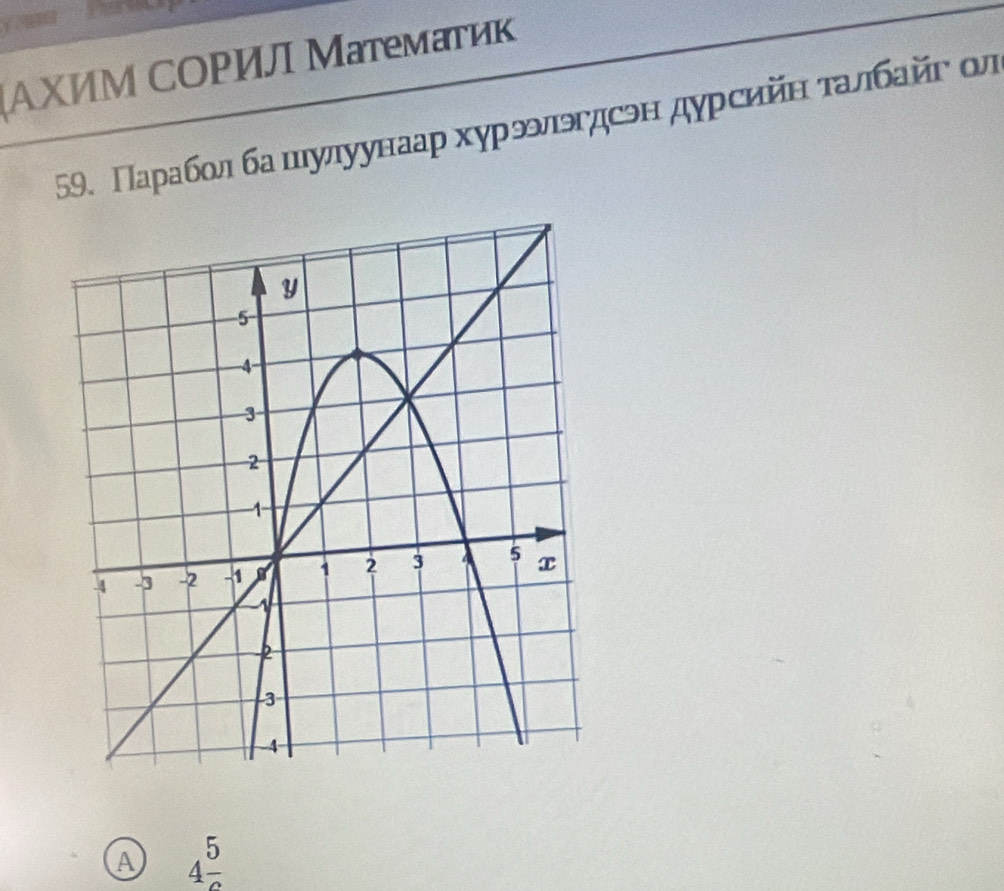 ΑXИΜ СOΡИ Математик 
59. Γίаρаαбίονлαοбαаαπιулуунаар хурэνльэгдсэн дурсийη τалбайг οл 
A 4 5/c 