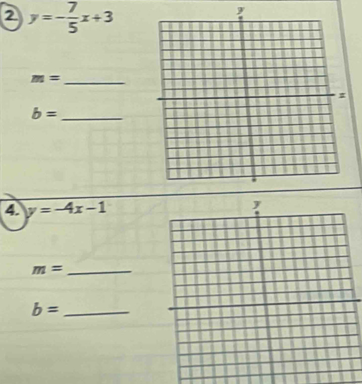 2 y=- 7/5 x+3
m= _
b= _ 
4. y=-4x-1
m= _
b= _