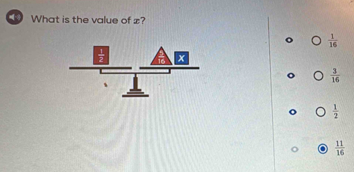 What is the value of x?
 1/16 
 3/16 
 1/2 
 11/16 