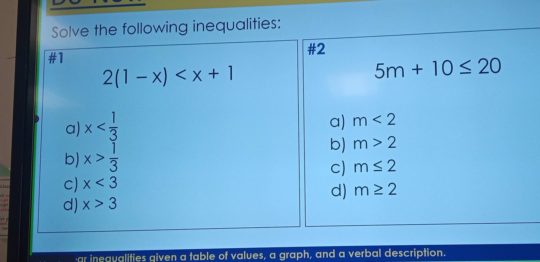 Solve the following inequalities:
#1
#2
2(1-x)
5m+10≤ 20
a) x
a) m<2</tex>
b) x> 1/3 
b) m>2
C) m≤ 2
Clas
C) x<3</tex> 
at in
d) x>3 d) m≥ 2
ar inequalities given a table of values, a graph, and a verbal description.