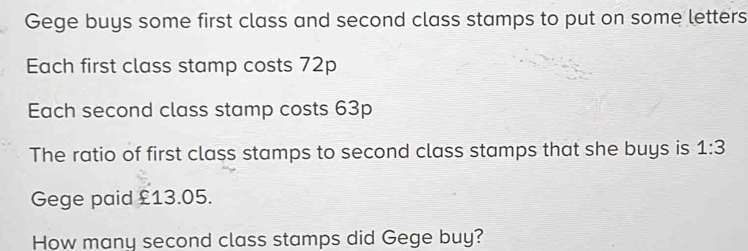 Solved: Gege buys some first class and second class stamps to put on ...