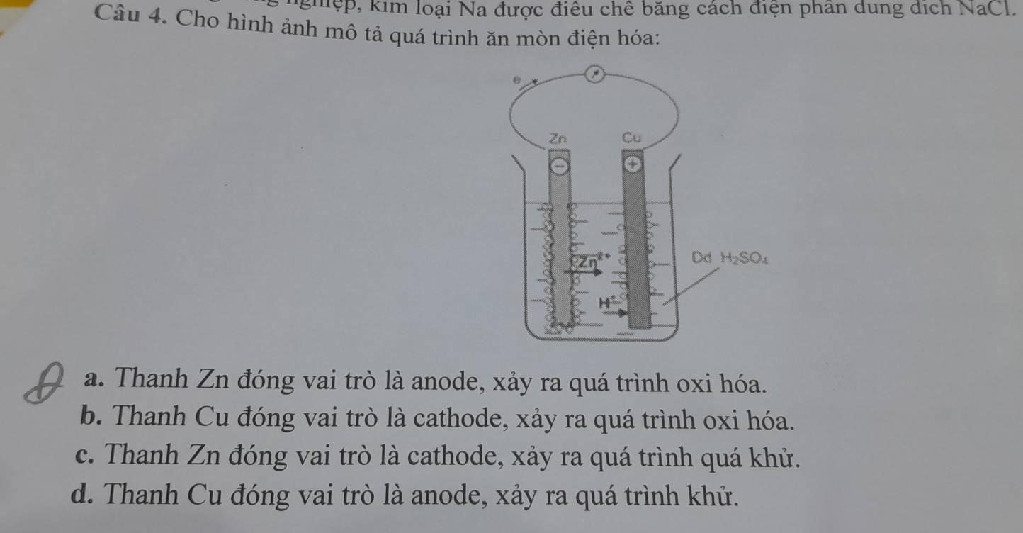 ghệp, kim loại Na được điều chế băng cách điện phân dung dịch NaCl.
Câu 4. Cho hình ảnh mô tả quá trình ăn mòn điện hóa:
a. Thanh Zn đóng vai trò là anode, xảy ra quá trình oxi hóa.
b. Thanh Cu đóng vai trò là cathode, xảy ra quá trình oxi hóa.
c. Thanh Zn đóng vai trò là cathode, xảy ra quá trình quá khử.
d. Thanh Cu đóng vai trò là anode, xảy ra quá trình khử.