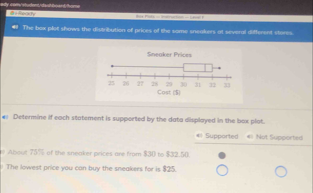 Ready Box Plots — Instruction — Level F 
The box plot shows the distribution of prices of the same sneakers at several different stores. 
Determine if each statement is supported by the data displayed in the box plot. 
Supported Not Supported 
About 75% of the sneaker prices are from $30 to $32.50. 
) The lowest price you can buy the sneakers for is $25.