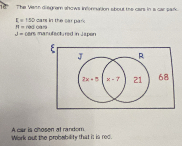 The Venn diagram shows information about the cars in a car park.
xi =150 cars in the car park
R= red cars
J= cars manufactured in Japan
A car is chosen at random.
Work out the probability that it is red.