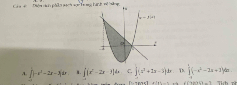 Cầu 4: Diện tích phần sạch sọc trong hình vẽ bằng
A. ∈t |-x^2-2x-3|dx. B. ∈tlimits _(-3)^1(x^2-2x-3)dx C. ∈tlimits _0^(1(x^2)+2x-3)dx D. ∈tlimits^1(-x^2-2x+3)dx.
[1:2025] f(1)-1 và f(2025)=2 Tích ph