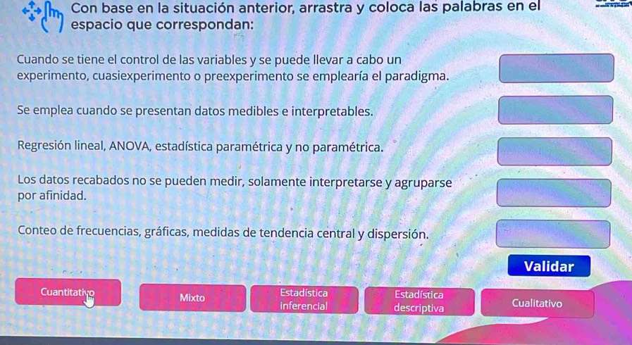 Con base en la situación anterior, arrastra y coloca las palabras en el
espacio que correspondan:
Cuando se tiene el control de las variables y se puede llevar a cabo un
experimento, cuasiexperimento o preexperimento se emplearía el paradigma.
Se emplea cuando se presentan datos medibles e interpretables.
Regresión lineal, ANOVA, estadística paramétrica y no paramétrica.
Los datos recabados no se pueden medir, solamente interpretarse y agruparse
por afinidad.
Conteo de frecuencias, gráficas, medidas de tendencia central y dispersión.
Validar
Cuantitativo Mixto Estadística Estadística
inferencial descriptiva Cualitativo