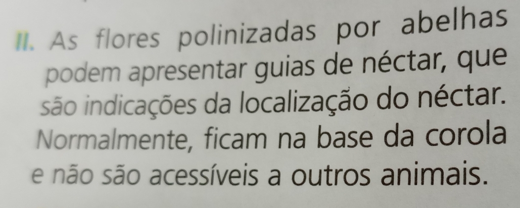 As flores polinizadas por abelhas 
podem apresentar guias de néctar, que 
são indicações da localização do néctar. 
Normalmente, ficam na base da corola 
e não são acessíveis a outros animais.