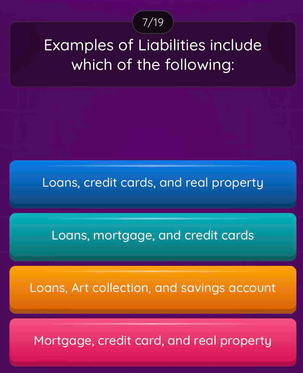 7/19
Examples of Liabilities include
which of the following:
Loans, credit cards, and real property
Loans, mortgage, and credit cards
Loans, Art collection, and savings account
Mortgage, credit card, and real property