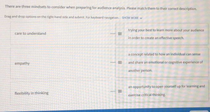 There are three mindsets to consider when preparing for audience analysis. Please match them to their correct description.
Drag and drop options on the right-hand side and submit. For keyboard navigation... SHOW MORE √
trying your best to learn more about your audience
care to understand
in order to create an effective speech.
a concept related to how an individual can sense
empathy and share an emotional or cognitive experience of
another person.
an opportunity to open yourself up for learning and
flexibility in thinking exercise critical thinking.