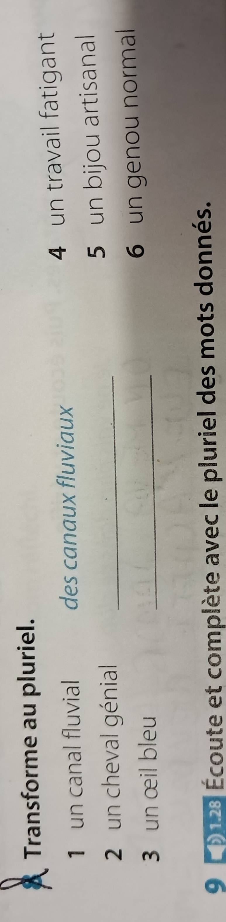Transforme au pluriel. 
1 un canal fluvial des canaux fluviaux 4 un travail fatigant 
5 un bijou artisanal 
2 un cheval génial_ 
3 un œil bleu_ 
6 un genou normal 
9 2 023 Écoute et complète avec le pluriel des mots donnés.