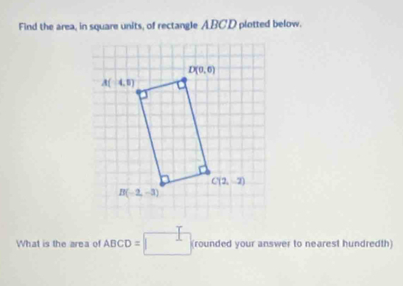 Find the area, in square units, of rectangle ABCD plotted below.
What is the area of ABCD=□ (rounded your answer to nearest hundredth)