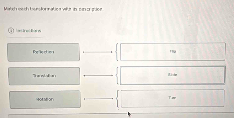 Match each transformation with its description. 
Instructions 
Reflection Flip 
Transiation Slide 
Rotation Turn