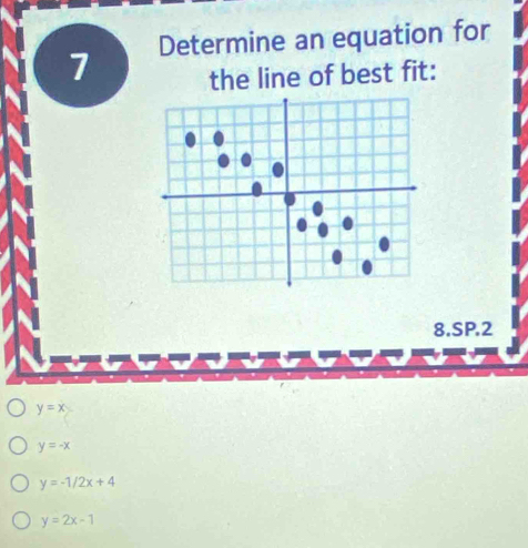 Determine an equation for
the line of best fit:
8.SP.2
y=x
y=-x
y=-1/2x+4
y=2x-1