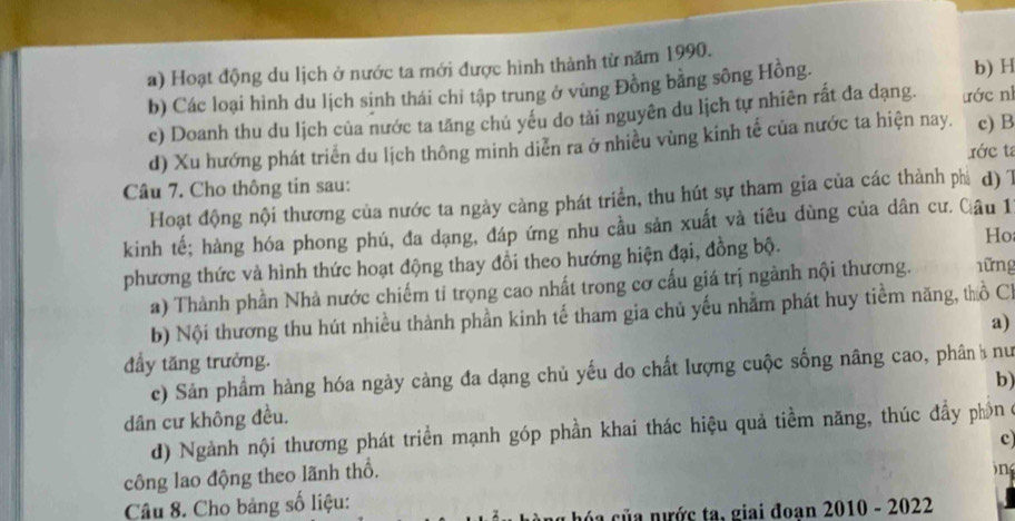 a) Hoạt động du lịch ở nước ta rới được hình thành từ năm 1990. b) H
b) Các loại hình du lịch sinh thái chi tập trung ở vùng Đồng bằng sông Hồng.
c) Doanh thu du lịch của nước ta tăng chủ yêu do tài nguyên du lịch tự nhiên rất đa dạng. ước nì
d) Xu hướng phát triển du lịch thông minh diễn ra ở nhiều vùng kinh tế của nước ta hiện nay. c) B
ước ta
Câu 7. Cho thông tin sau: d) 
Hoạt động nội thương của nước ta ngày càng phát triển, thu hút sự tham gia của các thành phi
kinh tế; hàng hóa phong phú, đa dạng, đáp ứng nhu cầu sản xuất và tiêu dùng của dân cư. Câu 1
phương thức và hình thức hoạt động thay đổi theo hướng hiện đại, đồng bộ. Ho
a) Thành phần Nhà nước chiếm tỉ trọng cao nhất trong cơ cấu giá trị ngành nội thương. 1ững
b) Nội thương thu hút nhiều thành phần kinh tế tham gia chủ yếu nhằm phát huy tiểm năng, thổ Ch
a)
đầy tăng trưởng.
c) Sản phẩm hàng hóa ngày càng đa dạng chủ yếu do chất lượng cuộc sống nâng cao, phân nư
dân cư không đều. b)
d) Ngành nội thương phát triển mạnh góp phần khai thác hiệu quả tiềm năng, thúc đầy phòn ở
c
công lao động theo lãnh thổ.
n
Câu 8. Cho bảng số liệu:
hóa của nước ta, giai đoạn 2010 - 2022