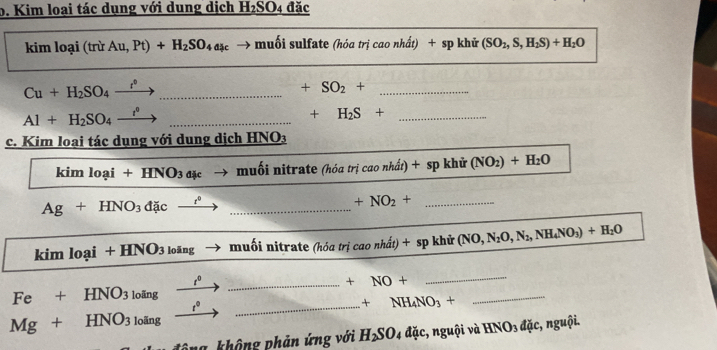 Kim loại tác dụng với dung dịch H_2SO_4 aa c 
kim Ioai(trirAu,Pt)+H_2SO_4cto muối sulfate (hóa trị cao nhất) + sp khử (SO_2,S,H_2S)+H_2O
Cu+H_2SO_4_ r^0 y _ 
+SO_2+ _
Al+H_2SO_4xrightarrow r° _
+H_2S+ _ 
c. Kim loại tác dụng với dung dịch HNO3 
kim loai+HNO_3 to mu ối nitrate (hóa trị cao nhất) + sp khử (NO_2)+H_2O
_ Ag+HNO_3dacxrightarrow l^0
+NO_2+ _ 
kimloai + HNO_310 ăng to muhat oi i ni tra ate (hóa trị cao nhất) + sp khử (NO,N_2O,N_2,NH_4NO_3)+H_2O
Fe+HNO_3loingfrac r° - 
_ +NO+ 
_ 
_^ 
_ +NH_4NO_3+
_
Mg+HNO_3loing-
ông không phản ứng với H_2SO_4 đặc, nguội và HNO_3dd c, nguội.