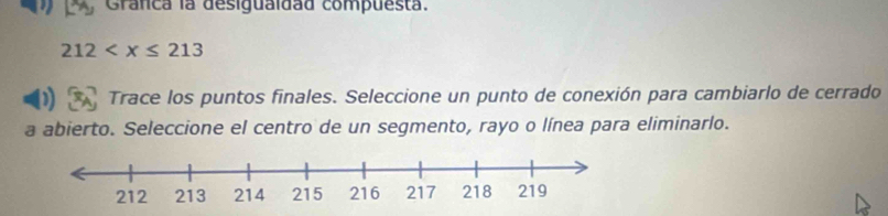 Granca la desigualdad compuesta.
212
Trace los puntos finales. Seleccione un punto de conexión para cambiarlo de cerrado 
a abierto. Seleccione el centro de un segmento, rayo o línea para eliminarlo.