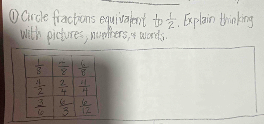 ①Circle fractions equivalent to 1/2 .Explain thinking
with pictures, numbers, af words.