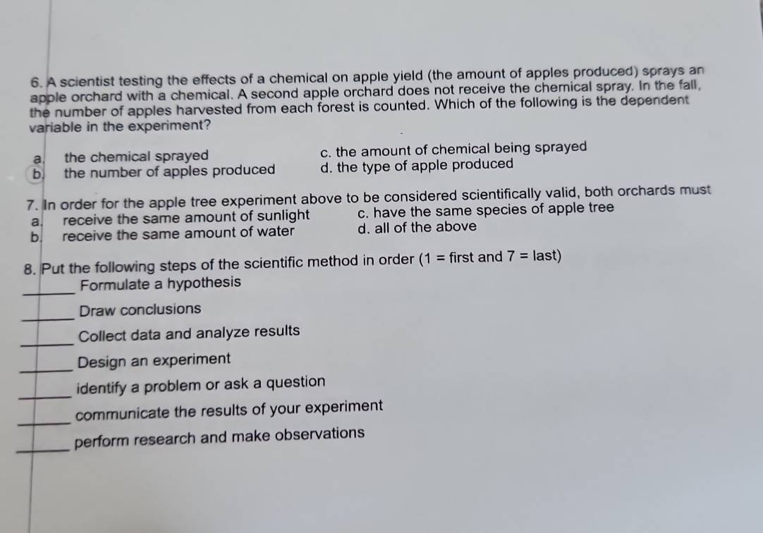 Solved: A scientist testing the effects of a chemical on apple yield ...