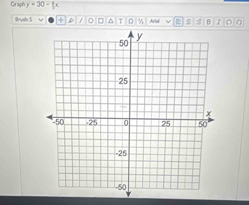 Graph y=30- 6/5 x. 
Brush: 5 + / 。 □ T ½ Arial E B I