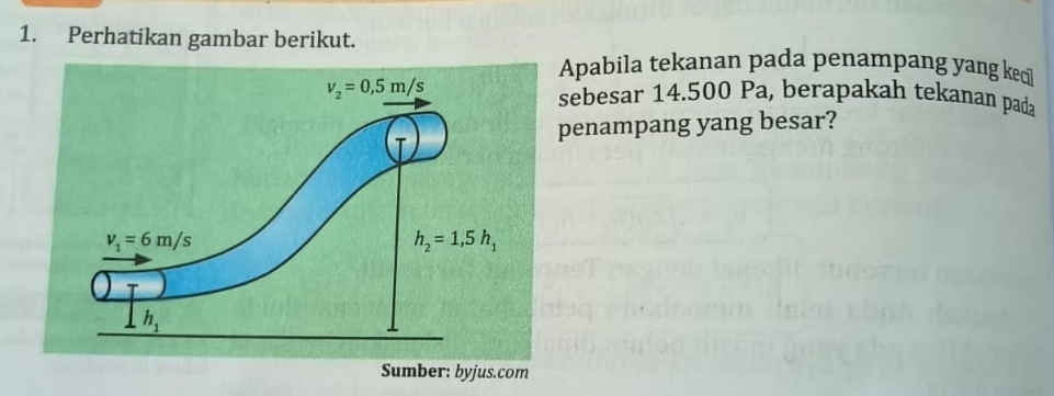 Perhatikan gambar berikut.
Apabila tekanan pada penampang yang kecil
sebesar 14.500 Pa, berapakah tekanan pada
penampang yang besar?
Sumber: byjus.com