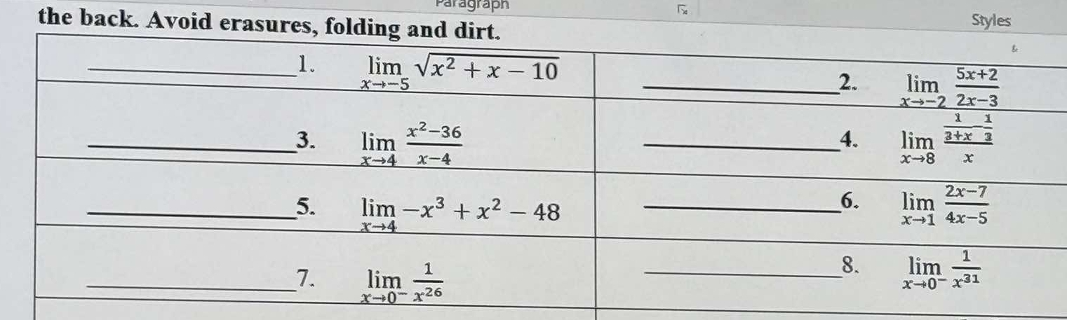 Paragraph
the back. Avoid erasures, folding Styles