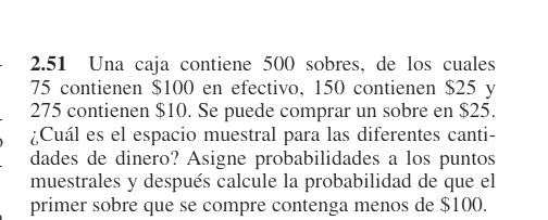 2.51 Una caja contiene 500 sobres, de los cuales
75 contienen $100 en efectivo, 150 contienen $25 y
275 contienen $10. Se puede comprar un sobre en $25. 
¿Cuál es el espacio muestral para las diferentes canti- 
dades de dinero? Asigne probabilidades a los puntos 
muestrales y después calcule la probabilidad de que el 
primer sobre que se compre contenga menos de $100.