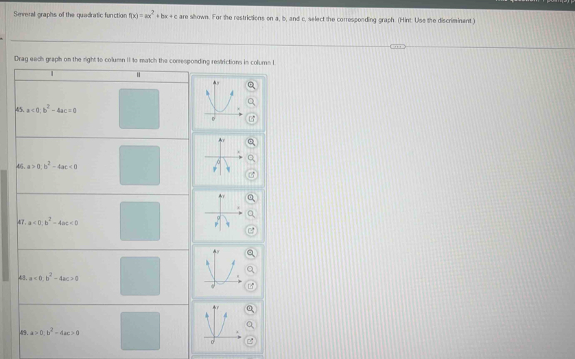 Several graphs of the quadratic function f(x)=ax^2+bx+c are shown. For the restrictions on a, b, and c, select the corresponding graph. (Hint: Use the discriminant.)
Dstrictions in column I.
