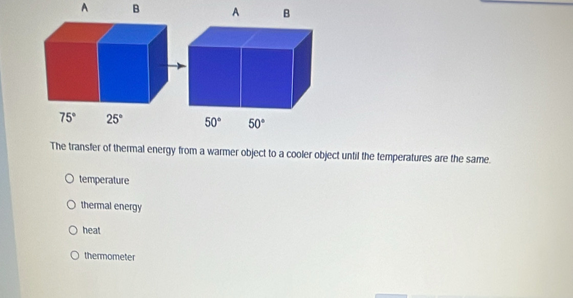 A B
75° 25°
The transfer of thermal energy from a warmer object to a cooler object until the temperatures are the same.
temperature
thermal energy
heat
thermometer