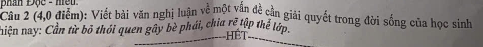 phan Đọc - nều. 
Câu 2 (4,0 điểm): Viết bài văn nghị luận về một vấn đề cần giải quyết trong đời sống của học sinh 
hiện nay: Cần từ bỏ thói quen gây bè phái, chia rẽ tập thể lớp. 
Hết