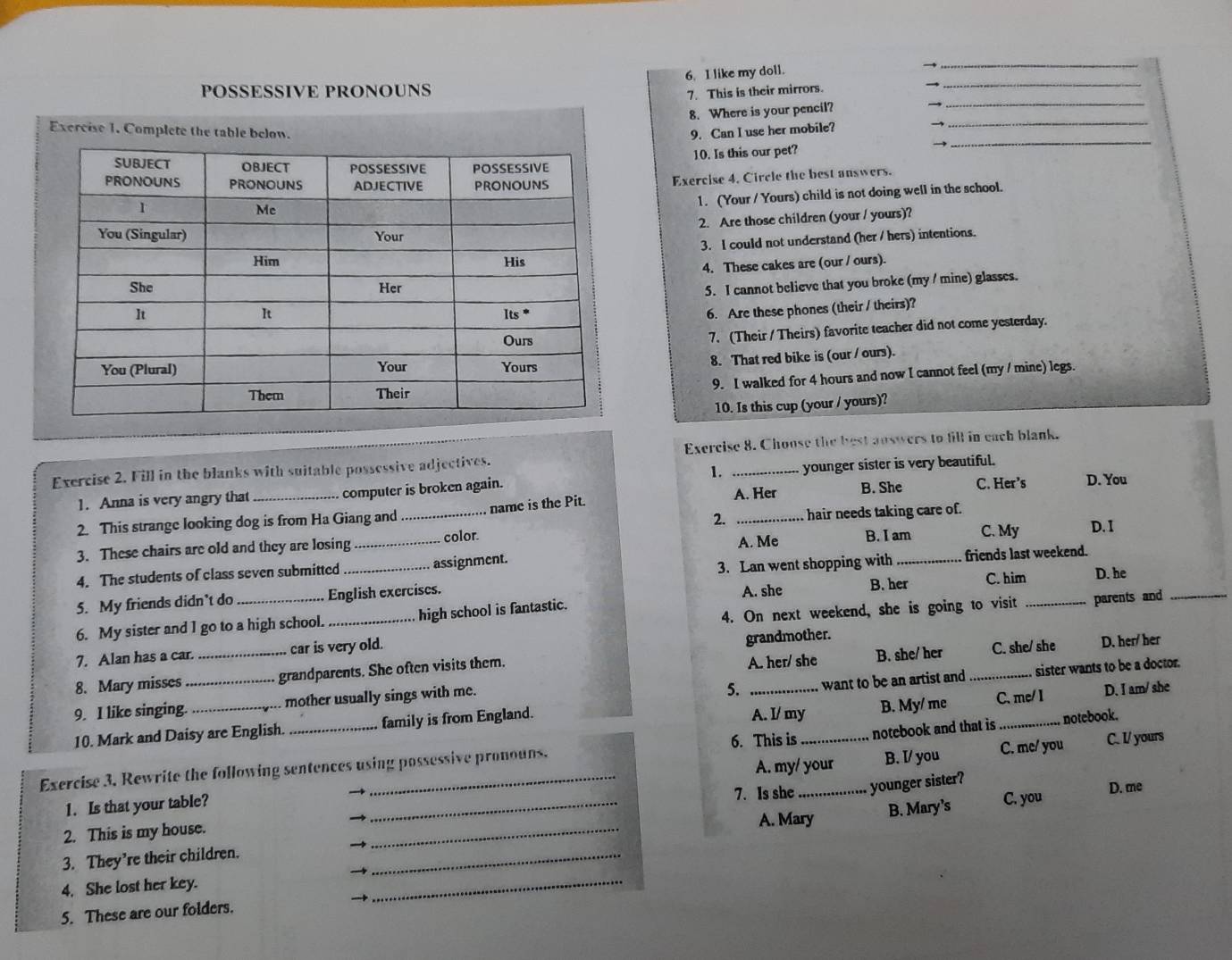 like my doll.
_→
POSSESSIVE PRONOUNS
7. This is their mirrors.
_→
8. Where is your pencil? →_
Exercise 1. Complete the table below. 9. Can I use her mobile?
→
_
10. Is this our pet? _
Exercise 4. Circle the best answers.
1. (Your / Yours) child is not doing well in the school.
2. Are those children (your / yours)?
3. I could not understand (her / hers) intentions.
4. These cakes are (our / ours).
5. I cannot believe that you broke (my / mine) glasses.
6. Are these phones (their / theirs)?
7. (Their / Theirs) favorite teacher did not come yesterday.
8. That red bike is (our / ours).
9. I walked for 4 hours and now I cannot feel (my / mine) legs.
10. Is this cup (your / yours)?
Exercise 2. Fill in the blanks with suitable possessive adjectives. Exercise 8. Choose the best auswers to fill in each blank.
1.
1. Anna is very angry that computer is broken again. A. Her younger sister is very beautiful.
B. She C. Her’s
name is the Pit.
2.
2. This strange looking dog is from Ha Giang and D. You D. I
3. These chairs are old and they are losing __color. _hair needs taking care of.
A. Me B. I am C. My
4. The students of class seven submitted _assignment.
3. Lan went shopping with friends last weekend.
5. My friends didn’t do _English exercises. A. she B. her C. him_ D. he_
6. My sister and I go to a high school. high school is fantastic.
7. Alan has a car. car is very old. 4. On next weekend, she is going to visit
parents and
8. Mary misses __grandparents. She often visits them. grandmother. A. her/ she B. she/ her _C. she/ she D. her/ her
5. want to be an artist and sister wants to be a doctor.
9. I like singing. _  mother usually sings with me.
10. Mark and Daisy are English. _family is from England. A. I/ my_ B. My/ me C. me/ I D. I am/ she
6. This is notebook and that is notebook.
A. my/ your C. me/ you C. I/ yours
Exercise 3. Rewrite the following sentences using possessive pronouns. B. I/ you
7. Is she younger sister?
1. Is that your table?
2. This is my house. _C. you
D. me
A. Mary
3. They’re their children. ___B. Mary’s
4. She lost her key.
_
5. These are our folders.