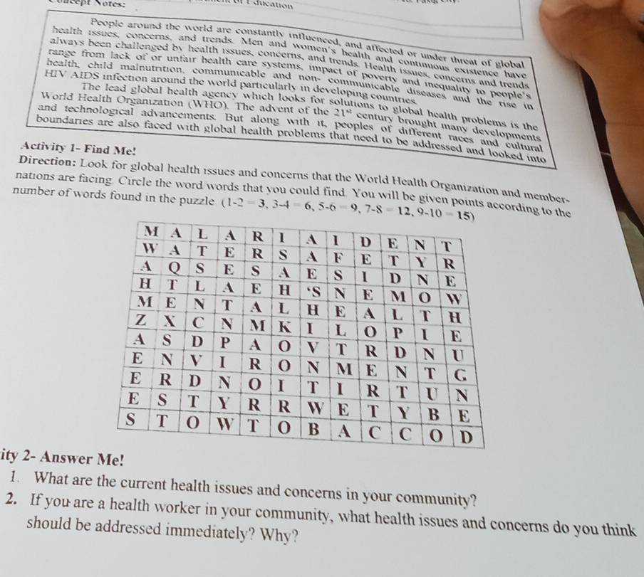 Nncept Notes: 
P Education 
People around the world are constantly influenced, and affected or under threat of global 
health issues, concerns, and trends. Men and women's health and continuous existence have 
always been challenged by health issues, concerns, and trends. Health issues, concerns and trends 
trange from lack of or unfair health care systems, impact of poverty and inequality to people's 
health, child mainutrition, communicable and non- communicable diseases and the oh in 
HIV AIDS infection around the world particularly in developing countries 
The lead global health agency which looks for solutions to global health problems is the 
World Health Organization (WHO). The advent of the 21° century brought many developments 
and technological advancements. But along with it, peoples of different races and cultura 
boundaries are also faced with global health problems that need to be addressed and looked into 
Activity 1- Find Me! 
Direction: Look for global health issues and concerns that the World Health Organization and member- 
nations are facing. Circle the word words that you could find. You will be given points according to the 
number of words found in the puzzle (1-2=3,3-4=6,5-6=9,7-8=12,9-10=15)
ity 2- Answer Me! 
1. What are the current health issues and concerns in your community? 
2. If you are a health worker in your community, what health issues and concerns do you think 
should be addressed immediately? Why?