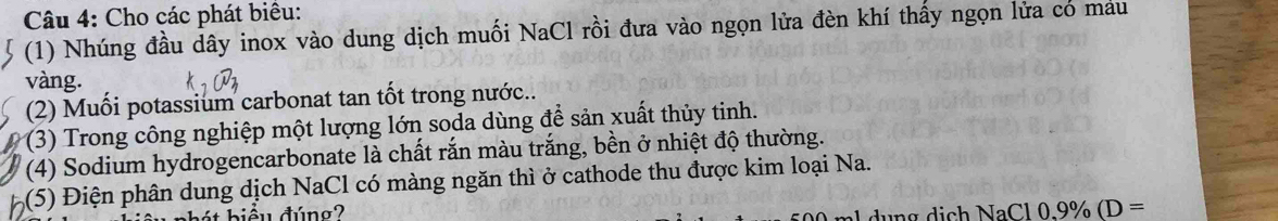 Cho các phát biêu: 
(1) Nhúng đầu dây inox vào dung dịch muối NaCl rồi đưa vào ngọn lửa đèn khí thấy ngọn lửa có máu 
vàng. 
(2) Muối potassium carbonat tan tốt trong nước.. 
(3) Trong công nghiệp một lượng lớn soda dùng để sản xuất thủy tinh. 
(4) Sodium hydrogencarbonate là chất rắn màu trắng, bền ở nhiệt độ thường. 
(5) Điện phân dung dịch NaCl có màng ngăn thì ở cathode thu được kim loại Na. 
+ b iểu đúng2 d u n g dịch Na C l 0,9% (D=