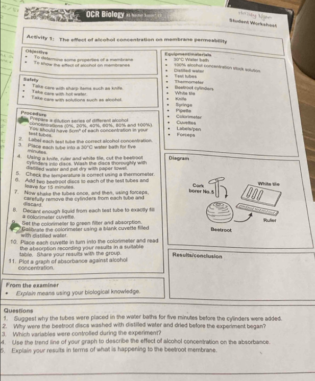 OCR Biology As teaher Sie (  )
ng N    
Student Worksheet
Activity 1: The effect of alcohol concentration on membrane permeability
Objective
Equipment/materials
To determine some properties of a membrane 30°C Water bath
To show the effect off alcohol on membranes Distilled water
100% alcohol concentration stock solution
Test tubes
Safety
Thermometer
Take care with sharp items such as knife.
Beetroot cylinders
Take care with hot water. White tile
Take care with solutions such as alcohol. Syringe Knife
Pipette
Procedure
Collorimeter
Prepare a dilution series of different alcohol Labels/pen
You should have 5cm" concentrations (0%, 20%, 40%, 60%, 80% and 100%). Cuvettes
of each concentration in your
test tubes.
Forceps
2. Label each test tube the correct alcohol concentration.
3. Place each tube into a 30°C water bath for five
minutes
4. Using a knife, ruler and white tile, cut the beetroot Diagram
cylinders into discs. Wash the discs thoroughly with
distilled water and pat dry with paper towel.
5. Check the temperature is correct using a thermometer.
6. Add two beetroot discs to each of the test tubes and
leave for 15 minutes.
Cork
Whits tile
7. Now shake the tubes once, and then, using forceps,
borer No.5
carefully remove the cylinders from each tube and
discard.
Anne d yay I she a and h ony 6
8. Decant enough liquid from each test tube to exactly fill
a colorimeter cuvette. Ruier
9 Set the colorimeter to green filter and absorption.
Galibrate the colorimeter using a blank cuvette filled
Beetroot
with distilled water.
10. Place each cuvette in turn into the colorimeter and read
the absorption recording your results in a suitable
table. Share your results with the group. Results/conclusion
11. Plot a graph of absorbance against alcohol
concentration.
From the examiner
Explain means using your biological knowledge.
Questions
1. Suggest why the tubes were placed in the water baths for five minutes before the cylinders were added.
2. Why were the beetroot discs washed with distilled water and dried before the experiment began?
3. Which variables were controlled during the experiment?
4. Use the trend line of your graph to describe the effect of alcohol concentration on the absorbance.
5. Explain your results in terms of what is happening to the beetroot membrane.