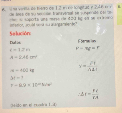 Una varilla de hierro de 1.2 m de longitud y 2.46cm^2 6. 
de área de su sección transversal se suspende del te- 
cho; sì soporta una masa de 400 kg en su extremo 
inferior, ¿cuál será su alargamiento? 
Solución: 
Datos Fórmulas
c=1.2m
P=mg=F
A=2.46cm^2
m=400kg
Y= Fell /ADelta t 
△ t= ?
Y=8.9* 10^(10)N/m^2
∴ △ e= Fell /YA 
(leído en el cuadro 1.3)