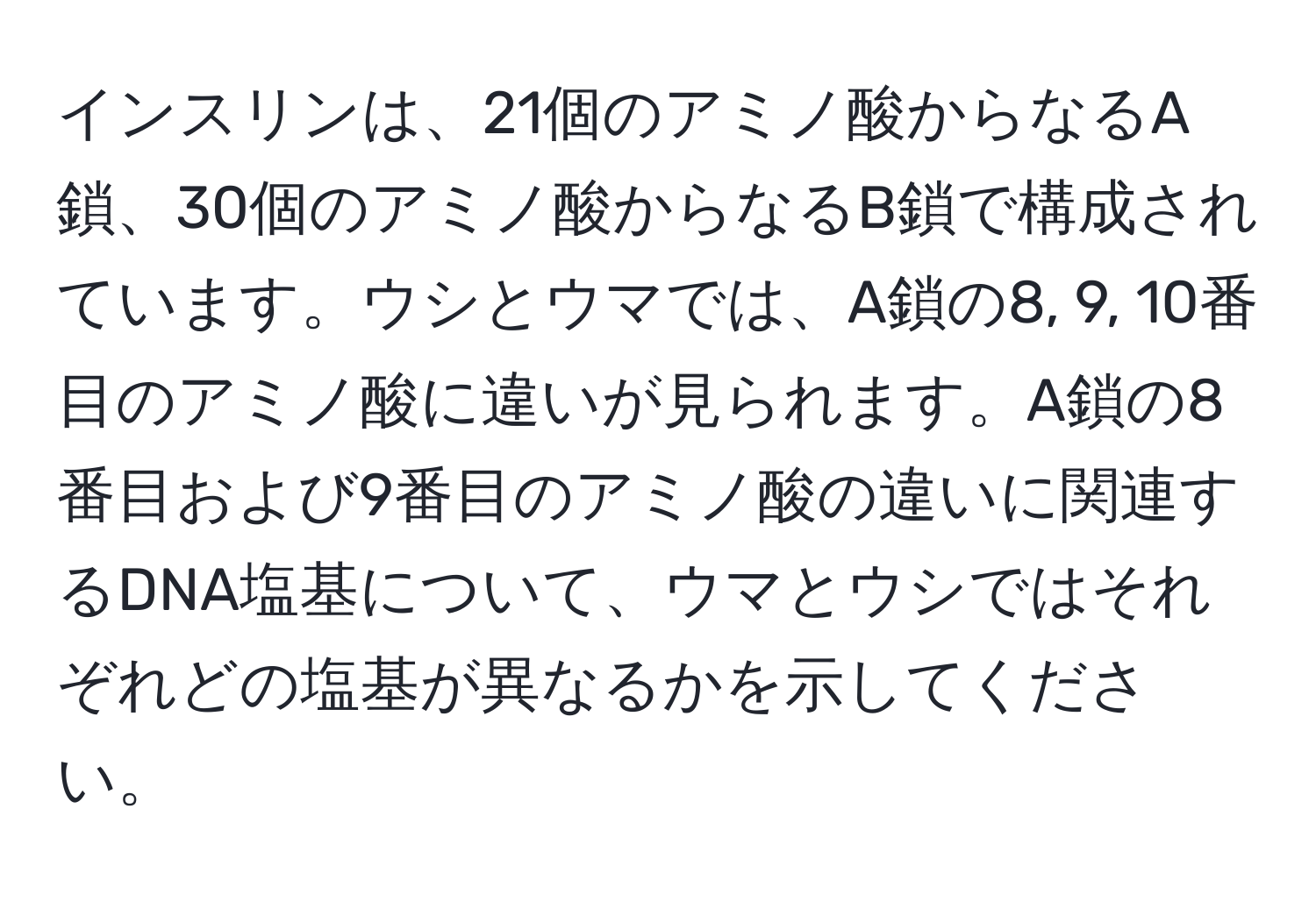 インスリンは、21個のアミノ酸からなるA鎖、30個のアミノ酸からなるB鎖で構成されています。ウシとウマでは、A鎖の8, 9, 10番目のアミノ酸に違いが見られます。A鎖の8番目および9番目のアミノ酸の違いに関連するDNA塩基について、ウマとウシではそれぞれどの塩基が異なるかを示してください。