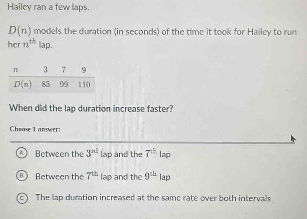 Hailey ran a few laps. D(n) models the duration (in seconds) of the ...