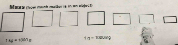 Mass (how much matter is in an object)
1kg=1000g
1g=1000mg