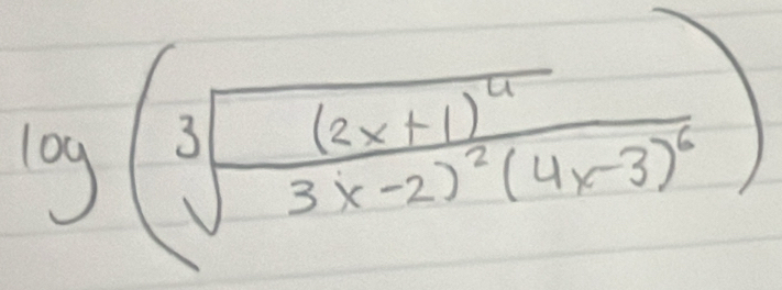 log (sqrt[3](frac (2x+1)^4)3x-2)^2(4x-3)^2)