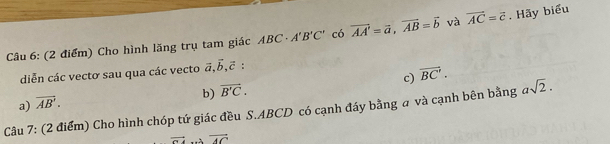 Cho hình lăng trụ tam giác ABC· A'B'C' có vector AA'=vector a, vector AB=vector b và vector AC=vector c. Hãy biểu 
diễn các vectơ sau qua các vecto vector a, vector b, 2: 
c) overline BC'. 
b) vector B'C. 
a) overline AB'. 
Câu 7: (2 điểm) Cho hình chóp tứ giác đều S. ABCD có cạnh đáy bằng a và cạnh bên bằng asqrt(2).
vector GA overline AC